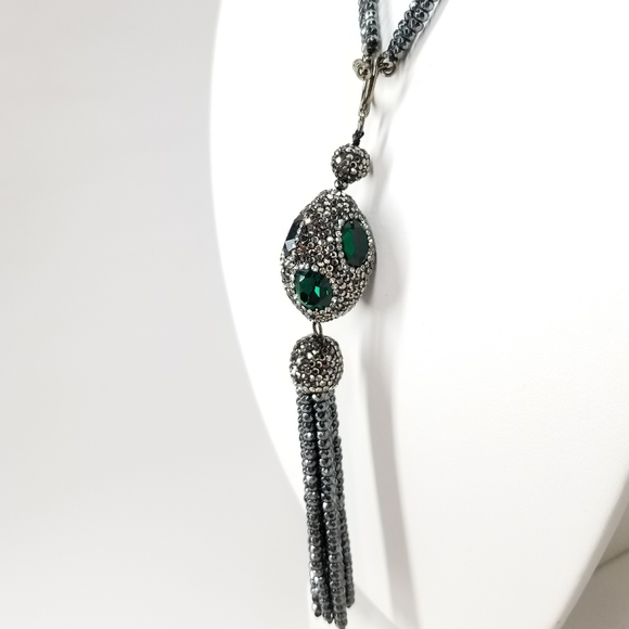 Green Crystal Gem Hematite Tassel Choker NWT - Picture 3 of 10